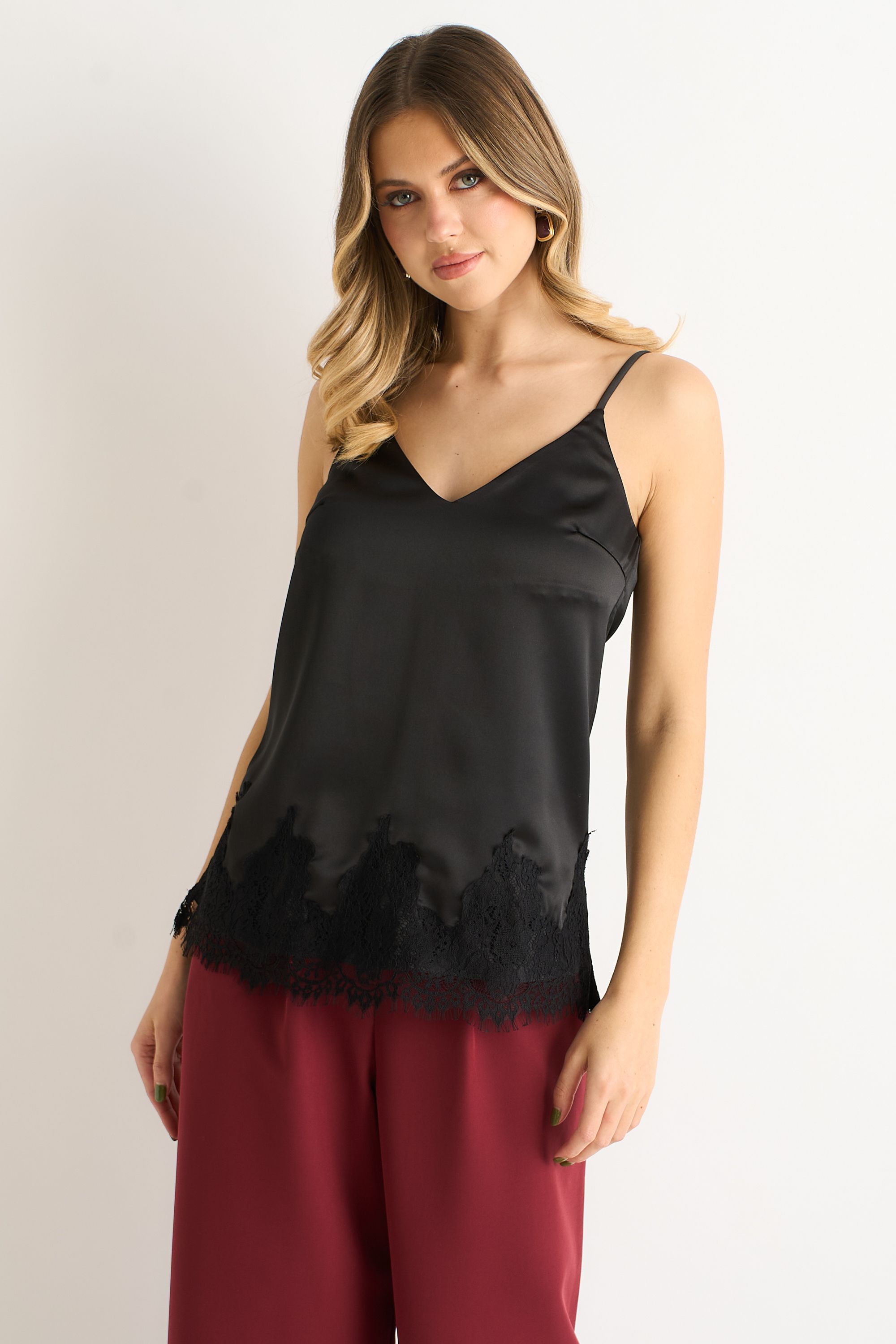 Gini London Black Lace Trim Satin Cami Top