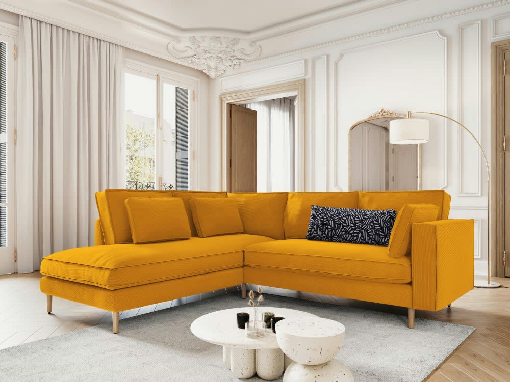ALEXIS - Canapé d'angle 5 places en tissu structuré jaune