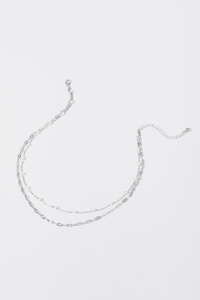 Melissa Layered Chain Link And Pearl Station Silver Necklace