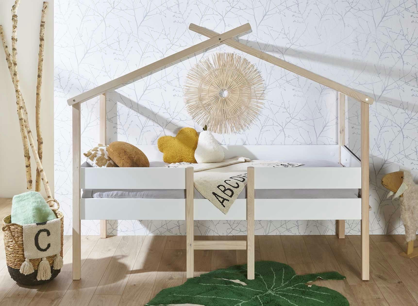 BAHIA - Lit Cabane mi-hauteur 90 x 200 Blanc et Pin