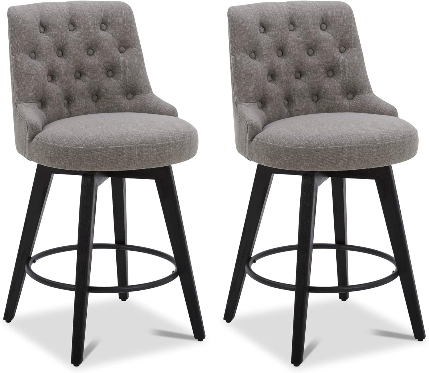 Watson & Whitely Modern Swivel Bar Stools, Performance Fabric Upholstered Counter Height Bar Stool with Back, Solid Wood Legs, 26 H Seat, Set of 2, Flint Grey