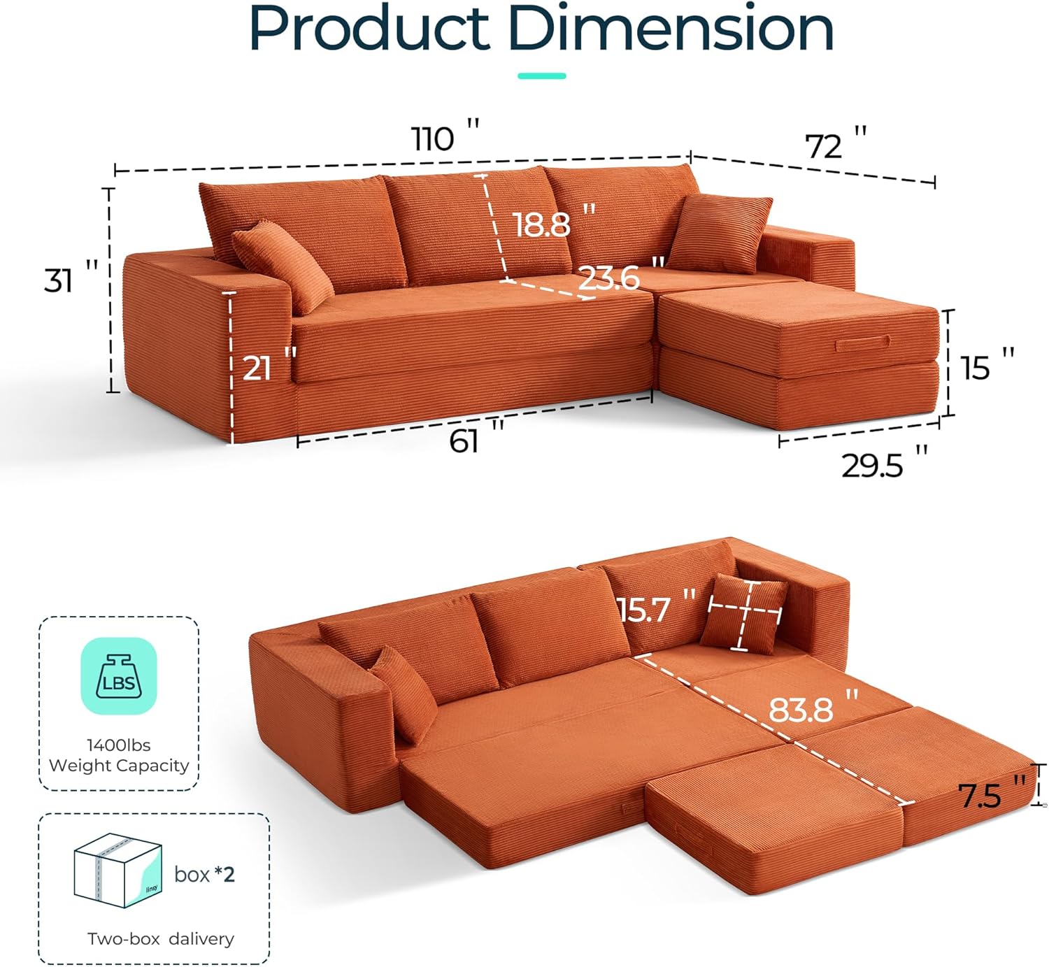 LINSY HOME Oversized Convertible Sofa Bed with 2 Pillows & Ottoman, Corduroy Boneless Couch Folding Modular Sleeper Sofa, L Shaped Couch Floor Sofa for Living Room Apartment, Upgrade Backrest (Orange)