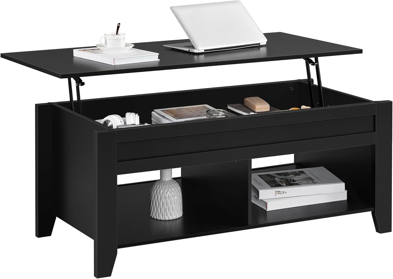 Yaheetech Black Coffee Table, Lift Top Coffee Tables with Hidden Storage Compartment & Open Shelf, Lift Tabletop Pop-Up for Living Room Reception, 47.5inch L
