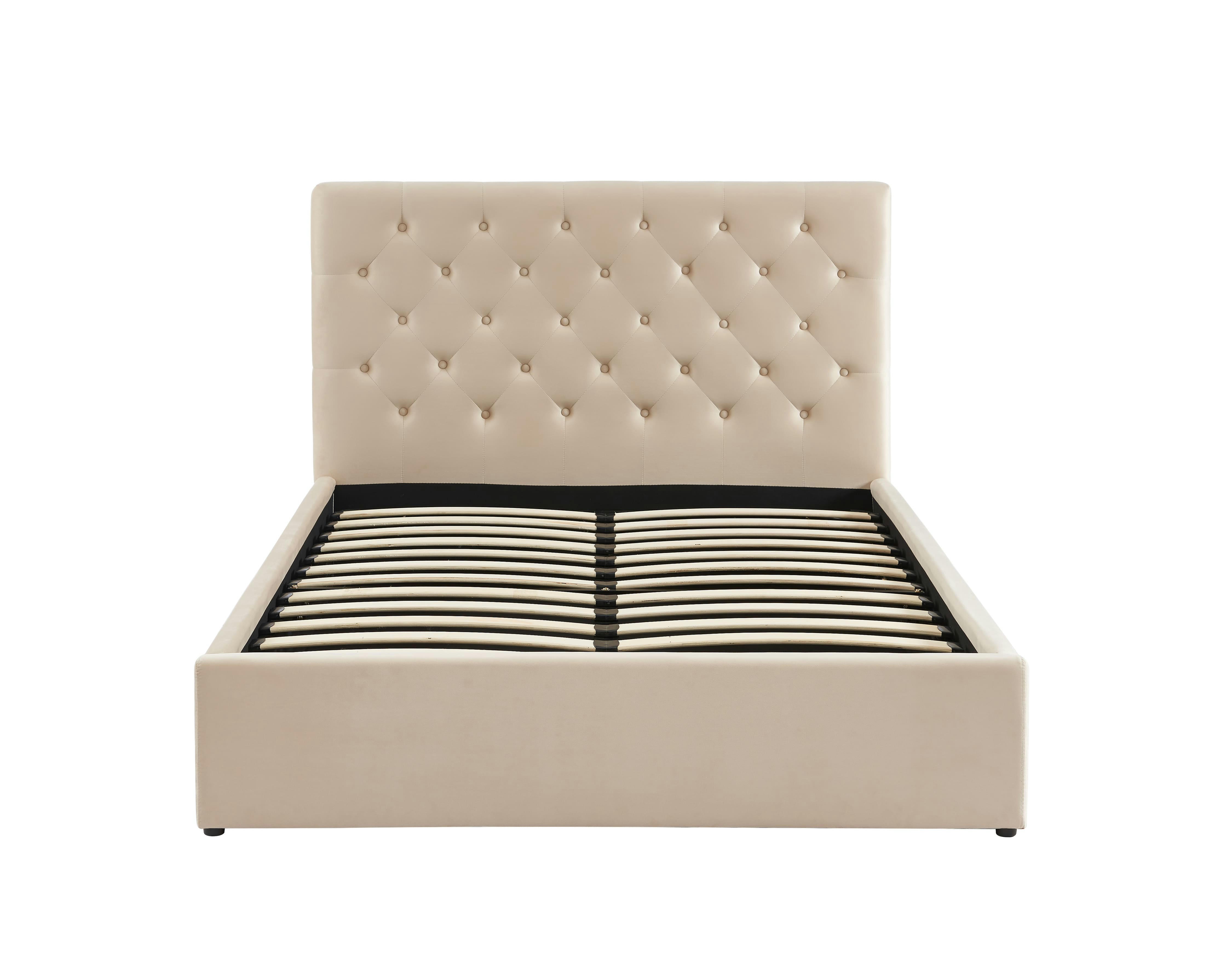 HUBERT - Lit double avec coffre   velours beige 140x190 sommier inclus