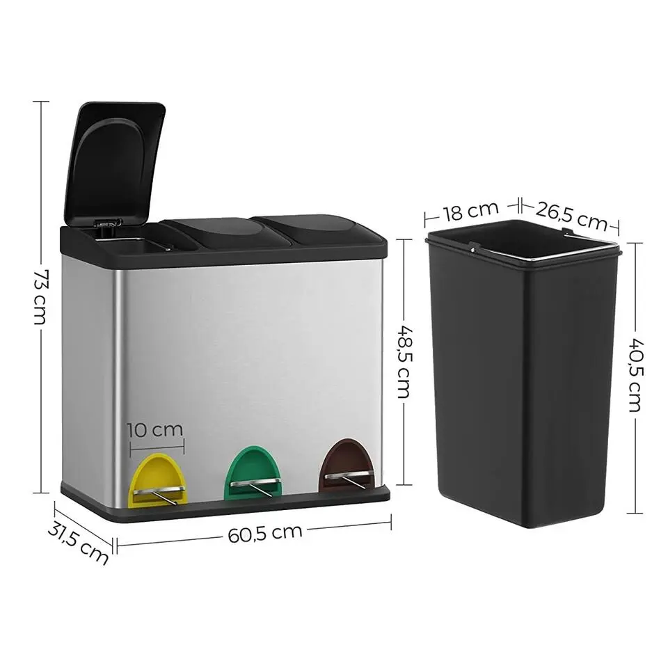 Parya Home - Vuilnisbak - Met binnenemmer - 3 compartimenten - 3x 15L - Zilver