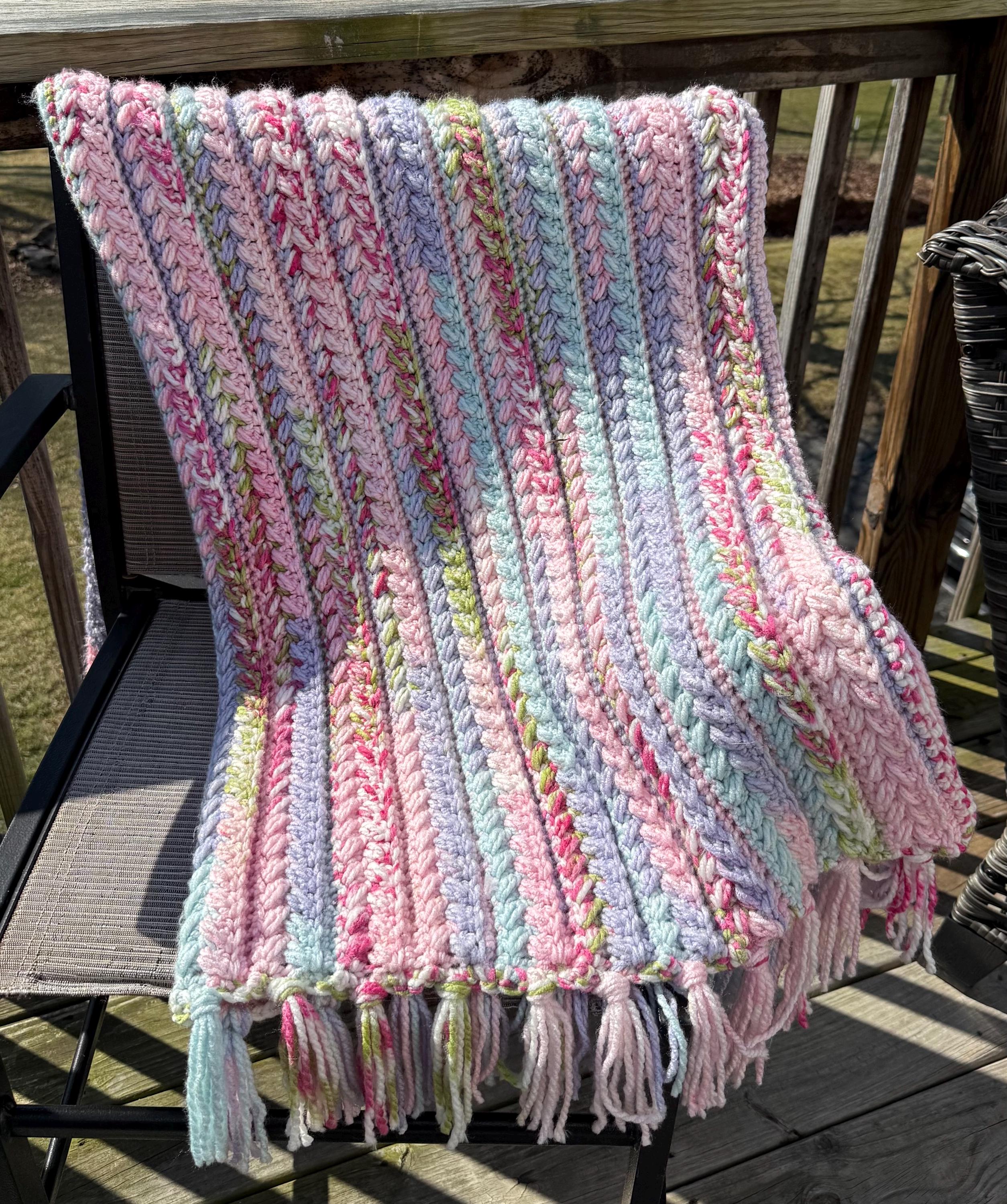 Handmade Pastel Crochet Throw Blanket: Textured Stitch, Fringe Trim (66inx42in)