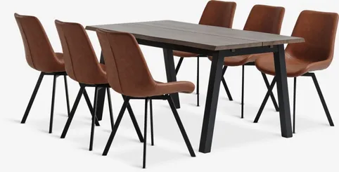 SKOVLUNDE L160 bord mørk eg + 4 HYGUM stole cognac