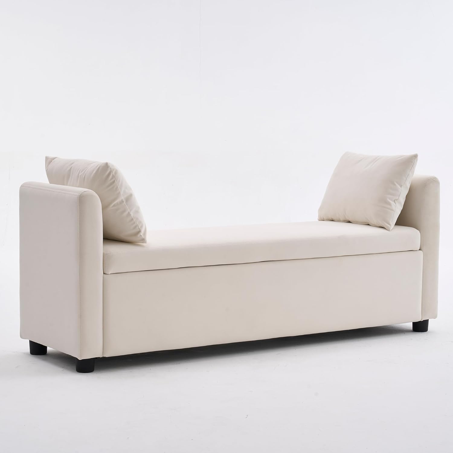 Storage Bench for Bedroom, 55 End of Bed Bench for King Size Bed, Modern Upholstered Long Ottoman Bench with Arms and 2 Pillows for Living Room/Entryway (Ivory White)