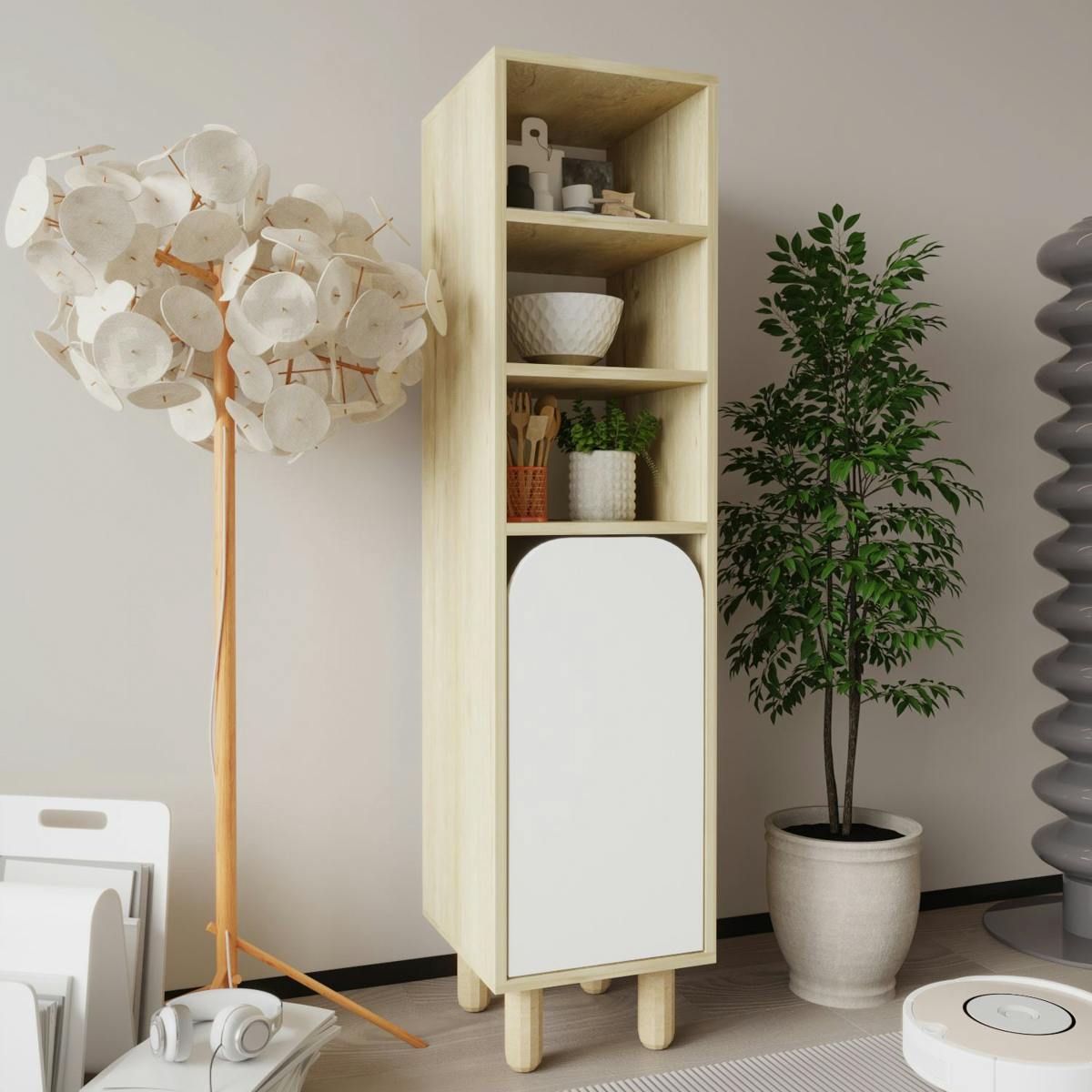 Colonne de rangement effet bois, 1 porte blanche courbe VAREN