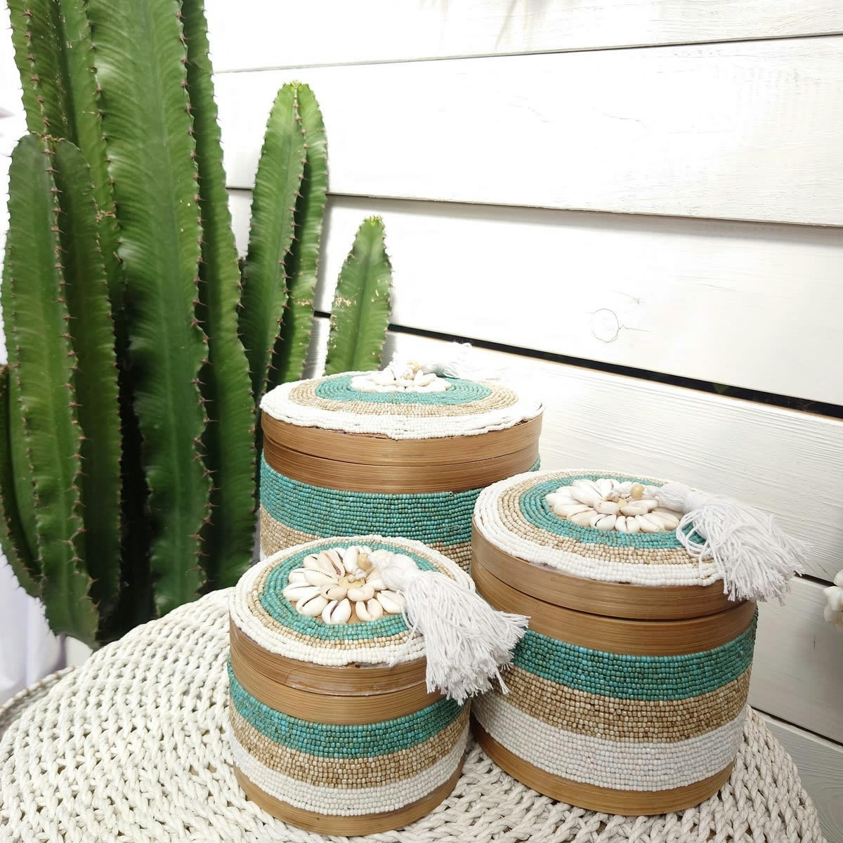 INDY - Boîtes rondes en bambou, perles et coquillages, menthe - lot de 3