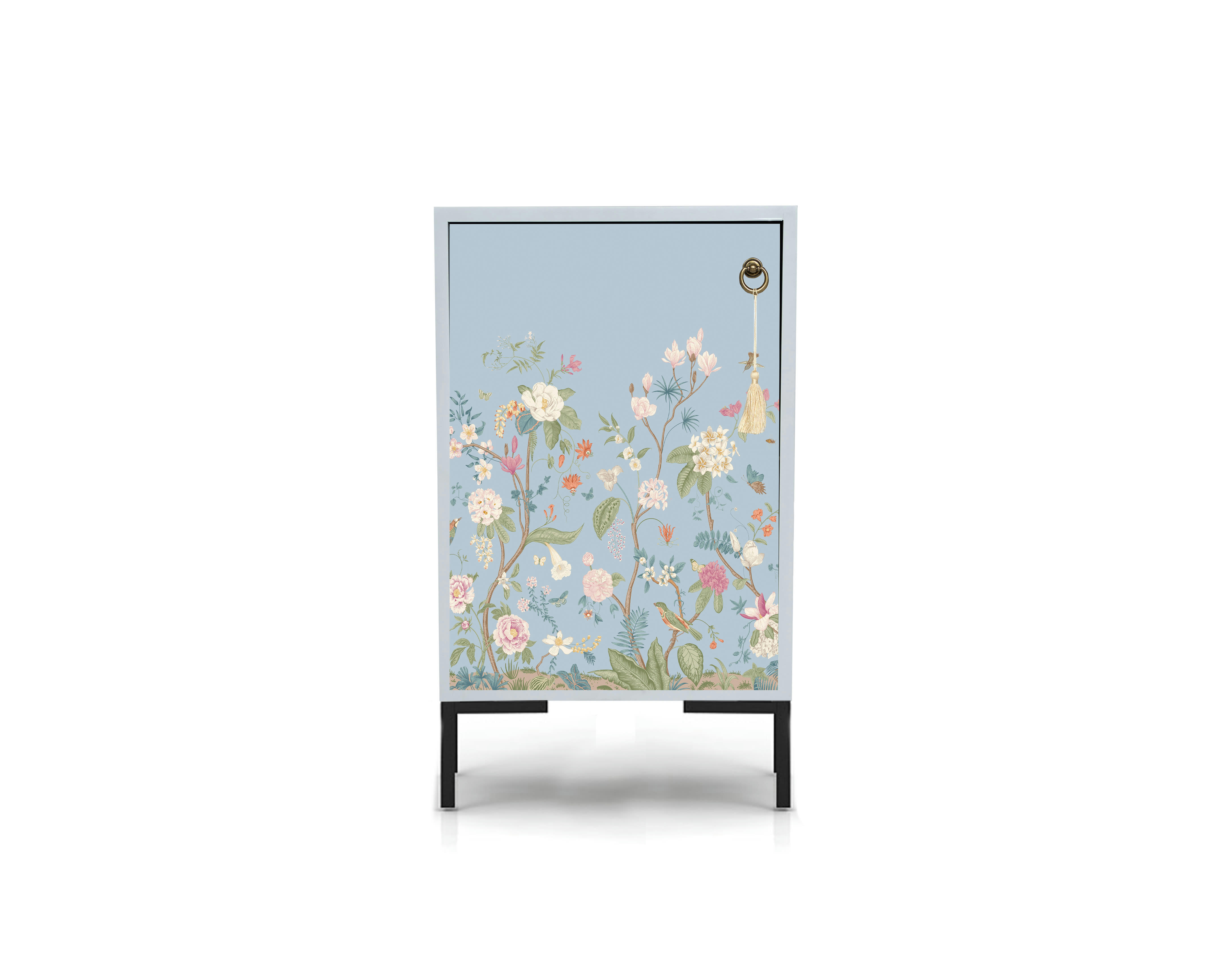 TELMA - Table de chevet en pin massif avec imprimé floral gris