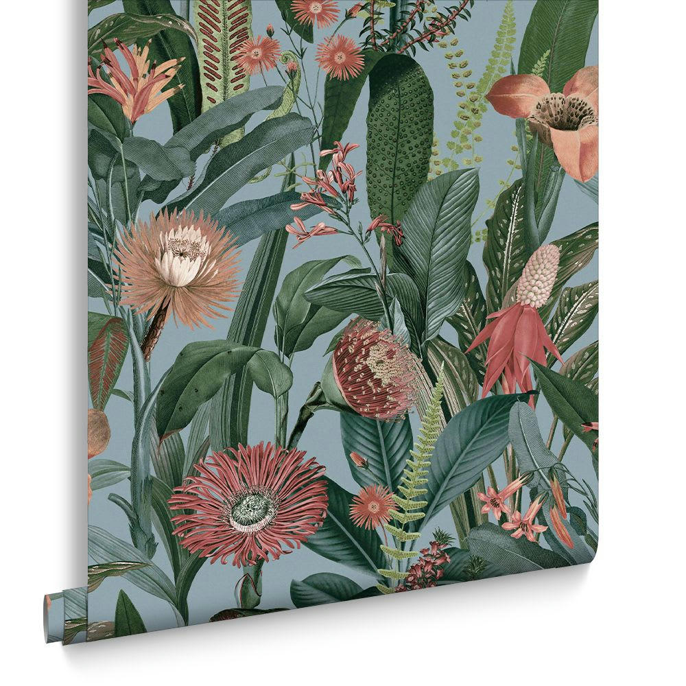 - papier peint tigerlily bleu clair corail vert 1005x52cm