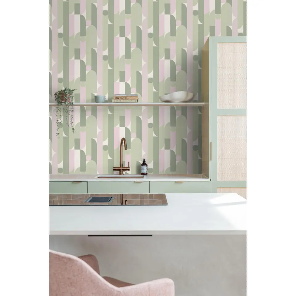 ESTAhome behang geometrische vormen vergrijsd groen en lila paars - 50 x 900 cm