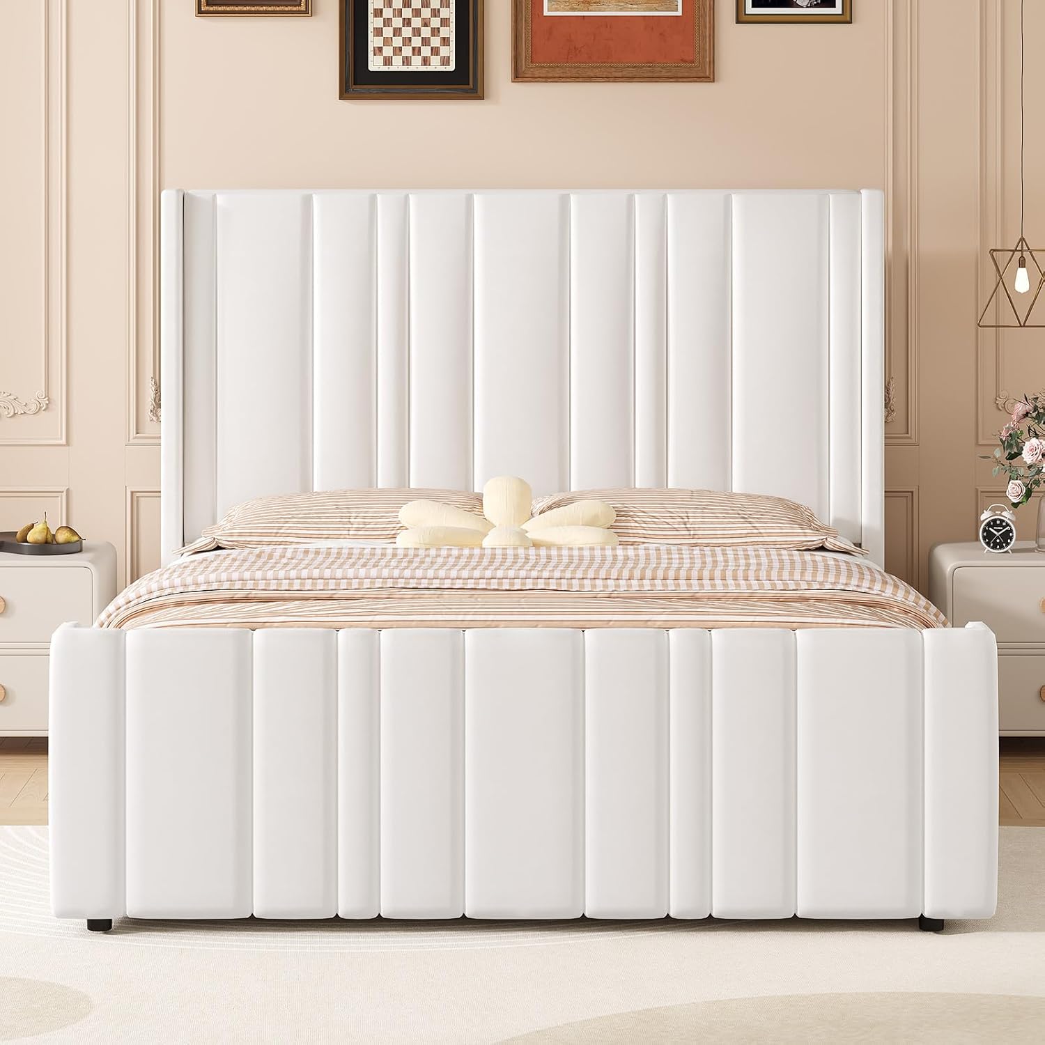 HOMBCK Queen Bed Frame, Upholstered Platform Bed Frame Queen Size with Vertical Channel Tufted Headboard & Footboard, Wingback Design/Noise Free/No Box Spring Needed/Easy Assembly, Cream
