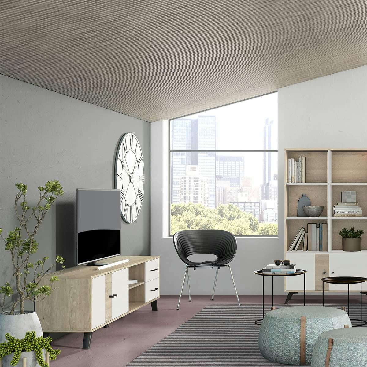 ARIZONA - Buffet 2 portes 3 tiroirs blanc et effet bois 136 cm