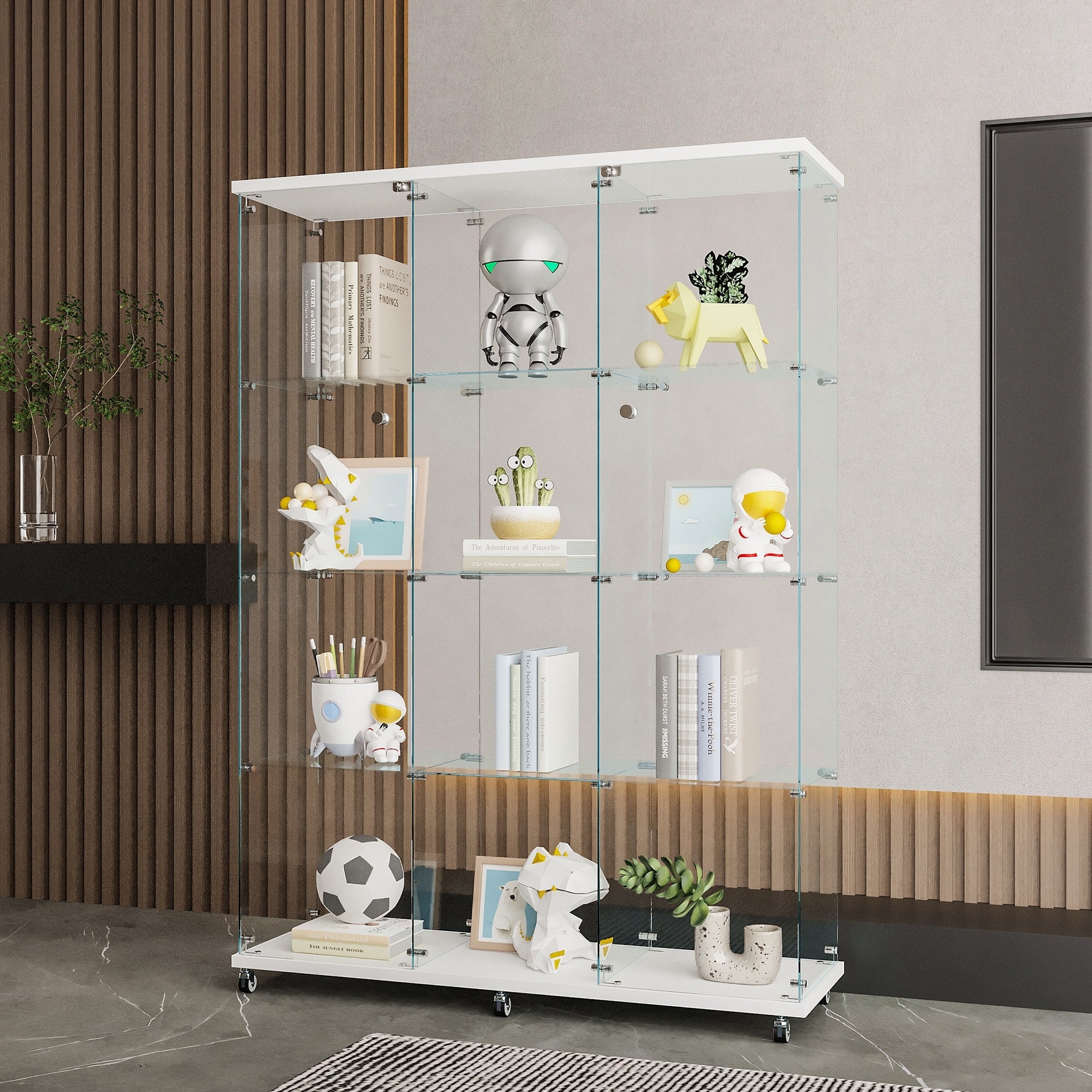 Glass Display Cabinet with 4 Shelves Extra Large, Curio Cabinets, Floor Standing Glass Bookshelf, Quick Installation