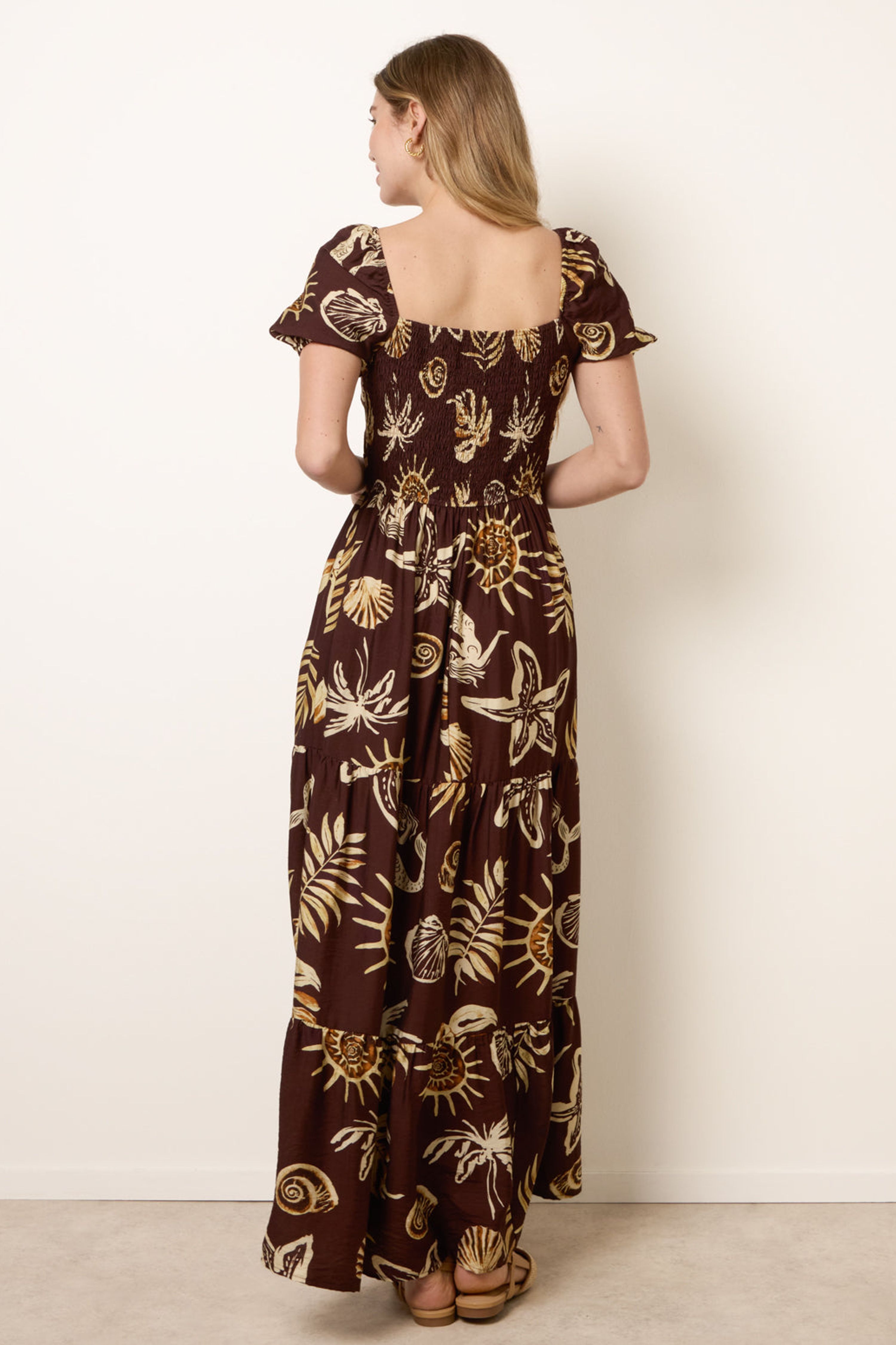 Blue Vanilla Brown Shell Knot Front Puff Sleeve Midi Dress