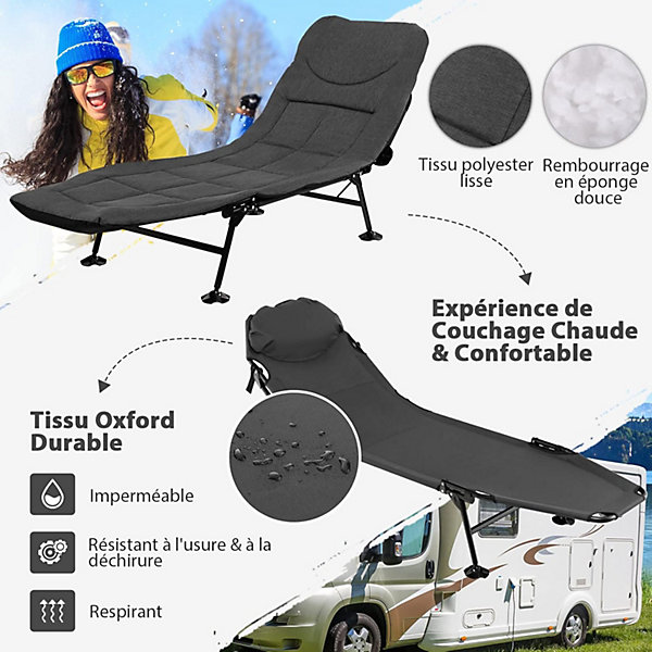 Lit de Camping Pliable avec Dossier Réglable Matelas Amovible et Oreiller Chaise Longue Inclinable Charge 200KG Gris