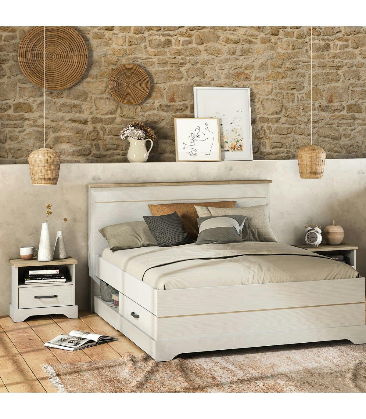 COTTAGE - Lit 2 tiroirs et 2 niches 140x190 cm blanc