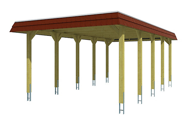 Carport SKAN HOLZ Spreewald 396x741cm, toit en aluminium, bandeau rouge, bois résineux imprégné vert