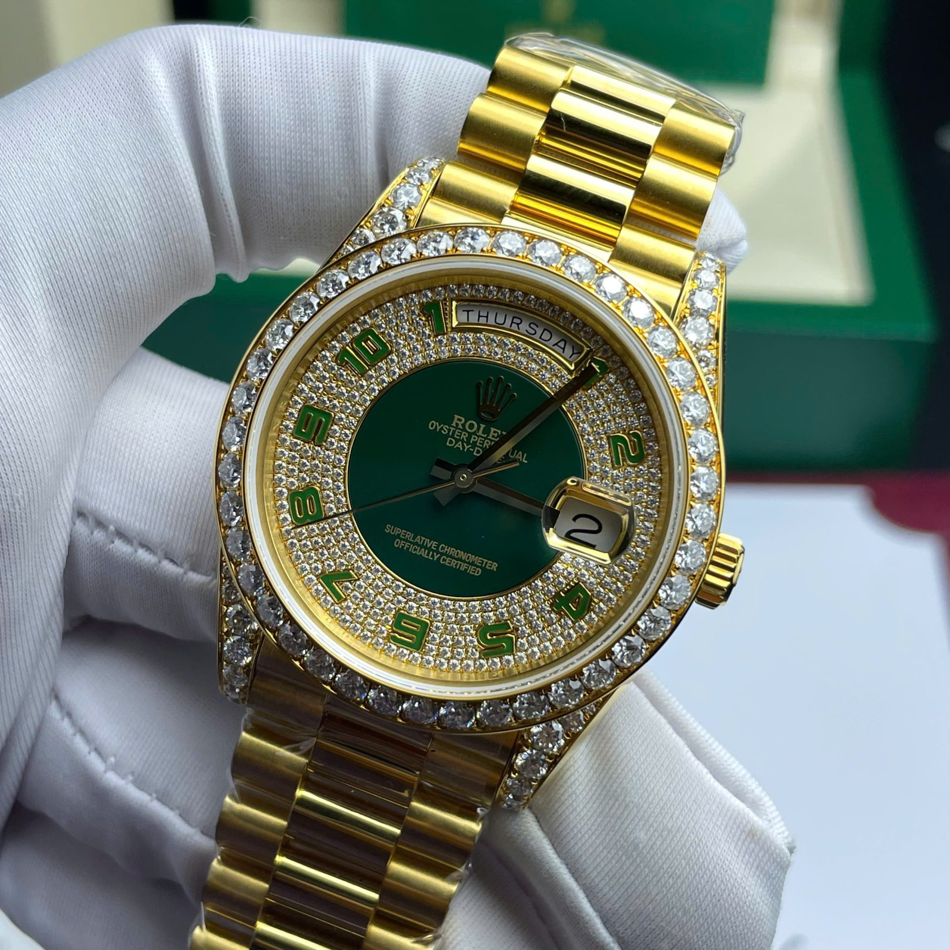 Rolex Day-Date YG Plated Diamond Green Dial 40mm Super Clone