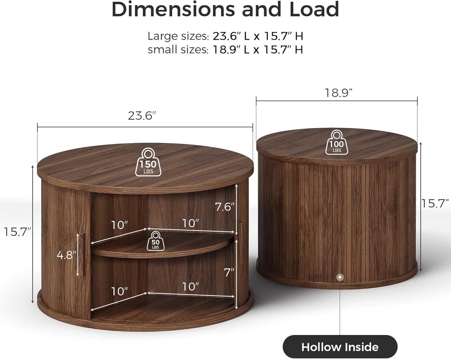 IRONCK Round Coffee Table Set of 2, Fluted Coffee Table and End Table with Storage, Wood Center Tables with Sliding Tambour Door and Hollow Side Table, Mid Century Modern, Walnut