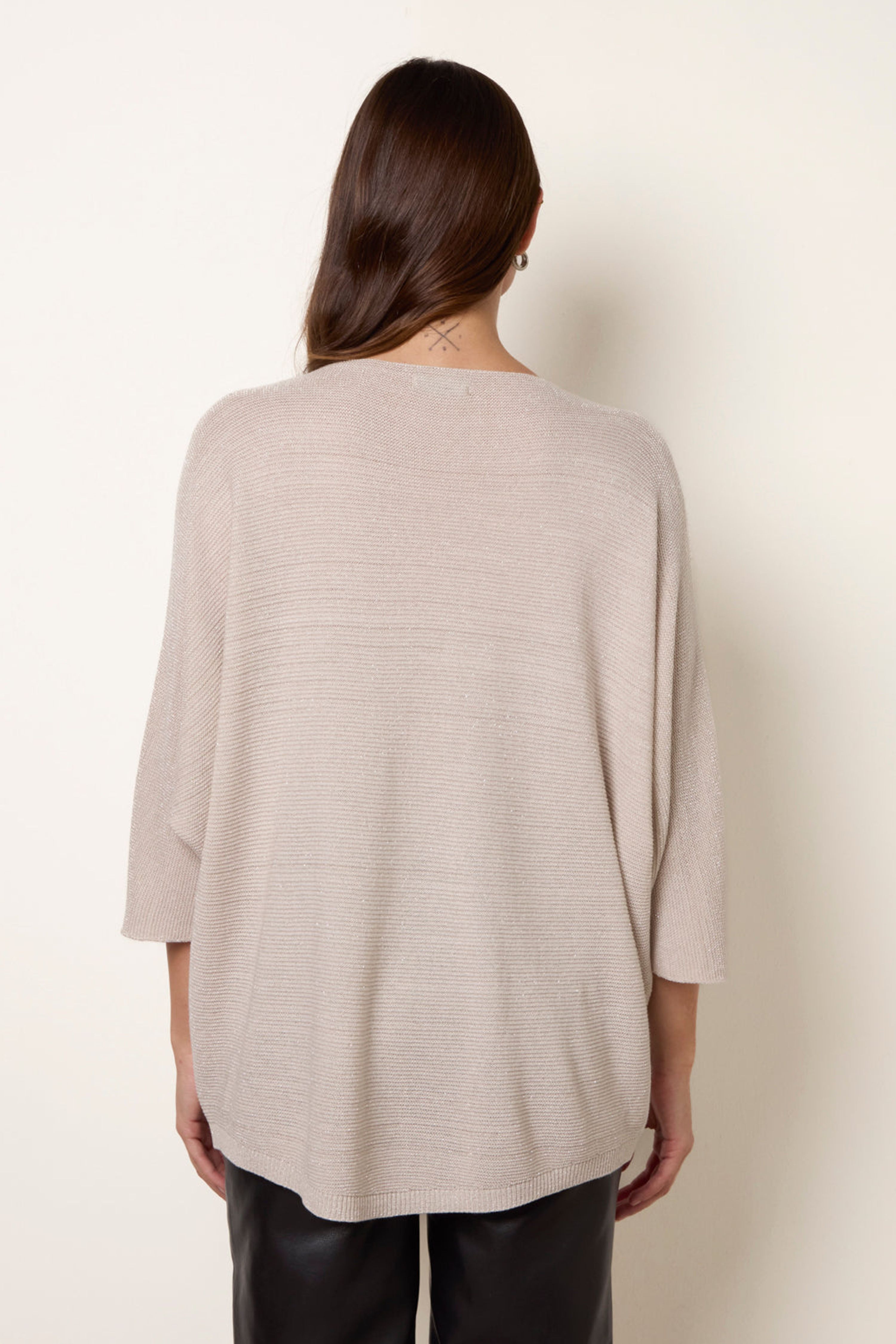 Blue Vanilla Beige Metallic V Neck Knitted Ripple Jumper
