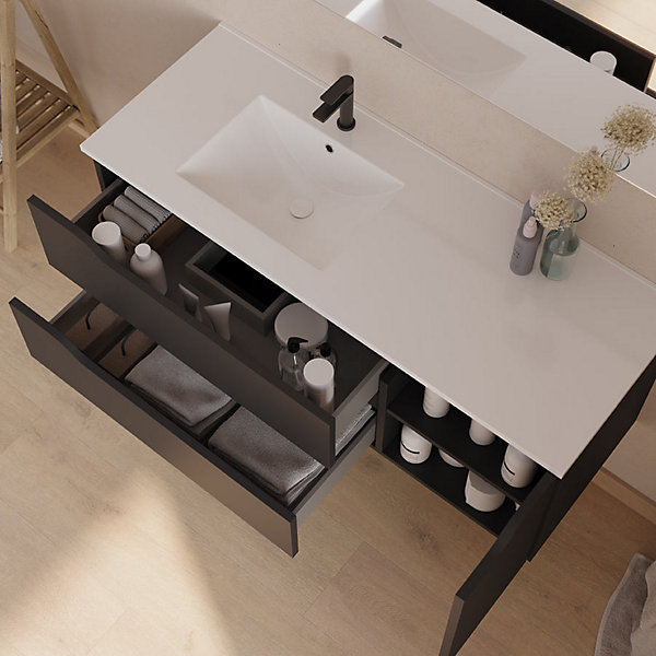 Meuble sous vasque seul, 2 tiroirs et 1 porte, 120cm, vasque déportée gauche - noir - ZARZA