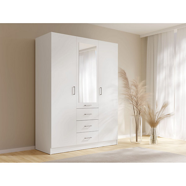 Armoire KALISTA 151 cm blanc mat avec miroir et 3 tiroirs3 portes battantes
