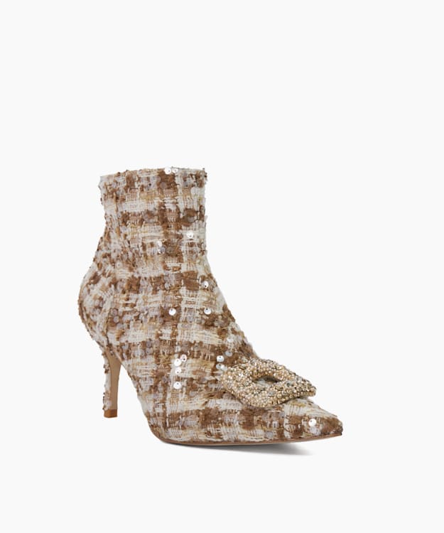 Opulance Beige - Textured Heel Diamante Buckle Ankle Boots
