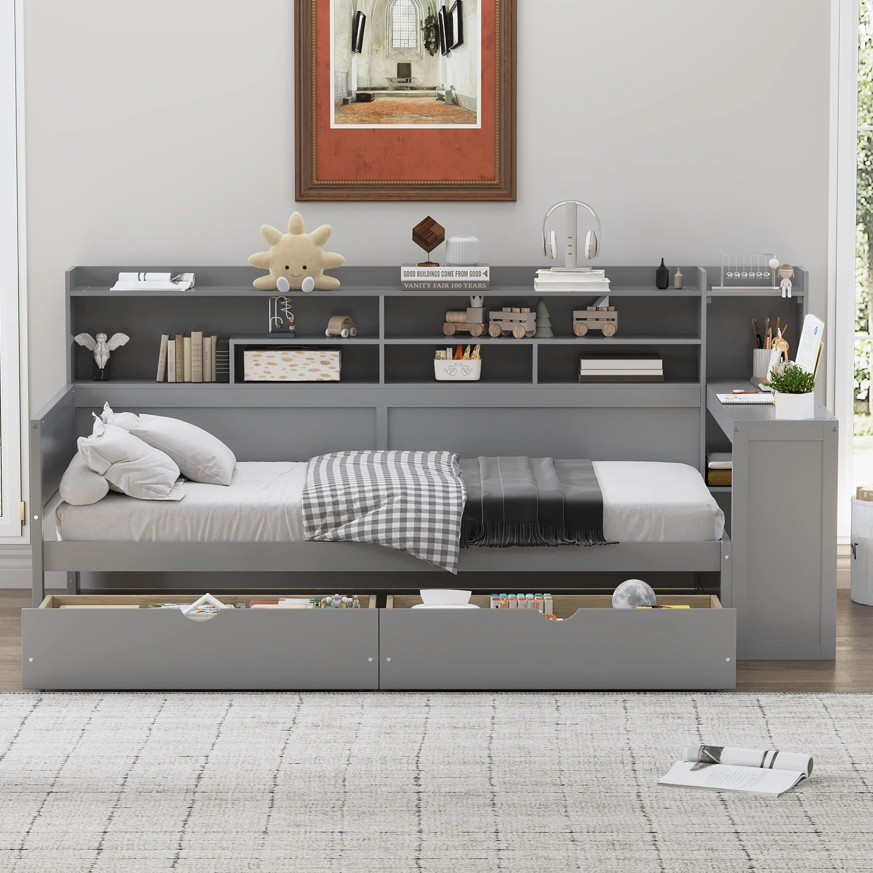 Wooden Twin Size Daybed with Storage Shelves, Multi-functional Bed with Two Storage Drawers and Study Desk, Gray