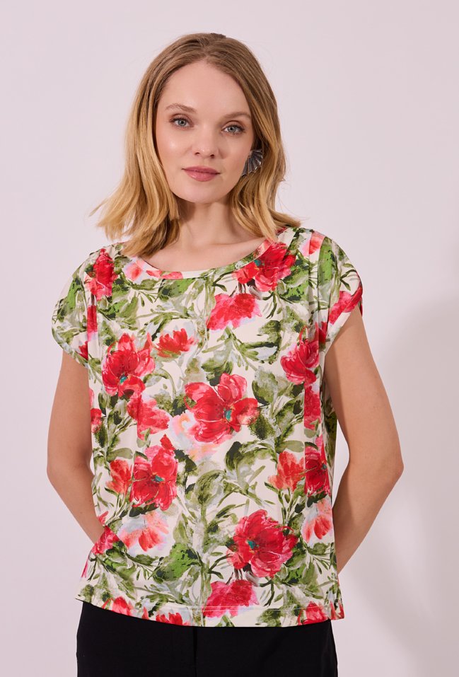 Bluzka damska czerwona w kwiaty – elegancka, krótki rękaw