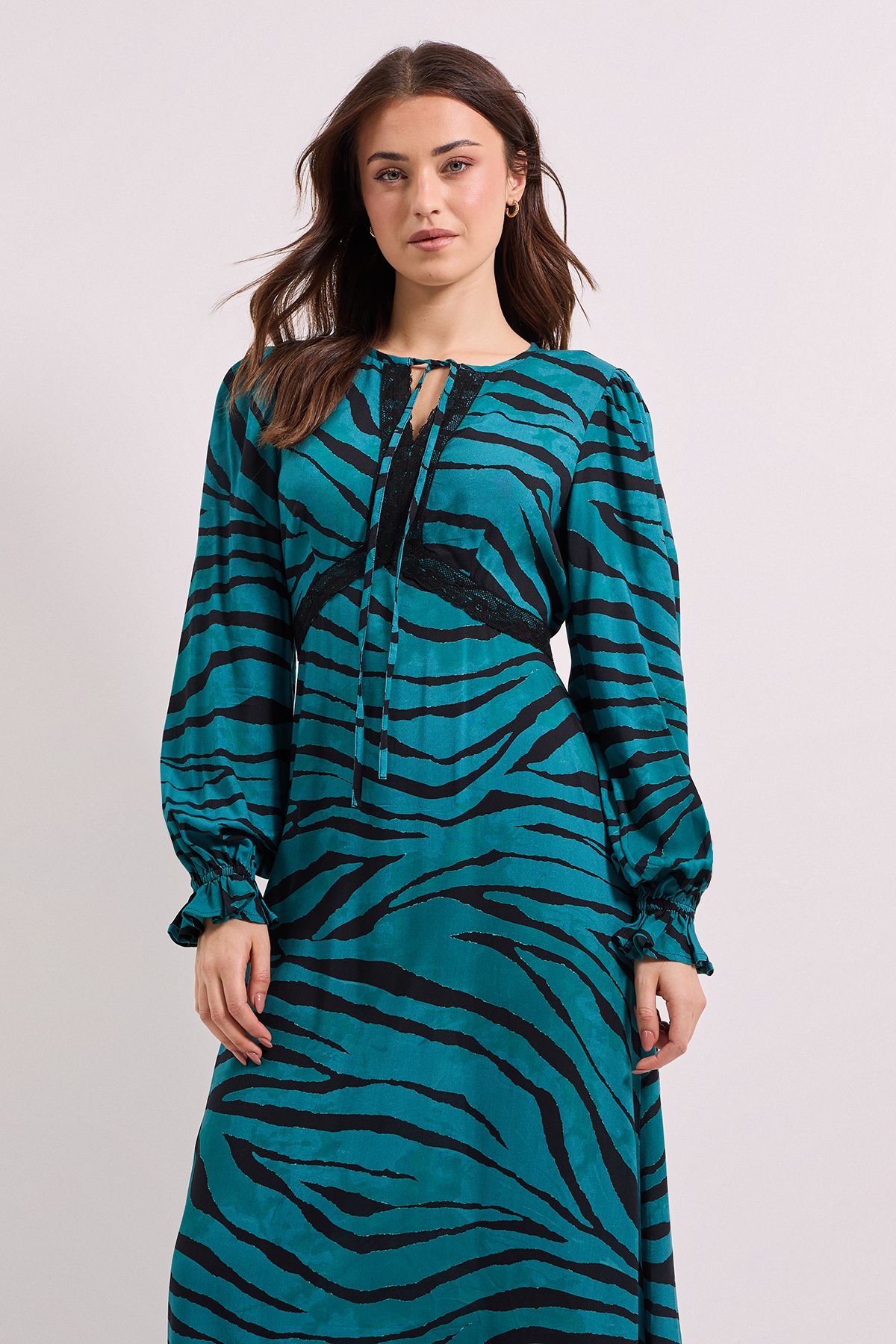 Dorothy Perkins Teal Zebra Lace Detail Tie Neck Printed Midi Dress