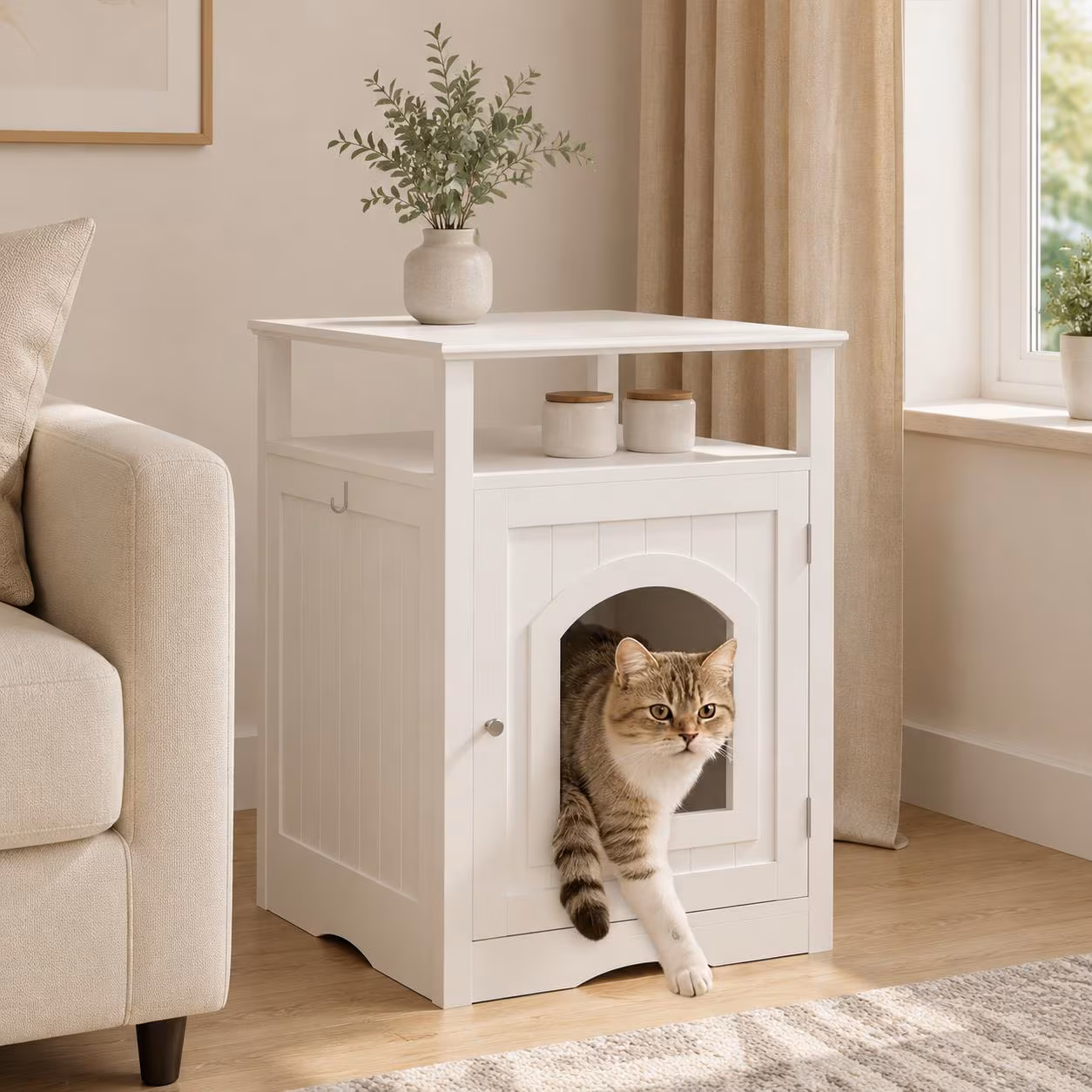 White MDF Cat Litter Box Enclosure, Hidden Cabinet with Storage Shelf, Modern Side Table