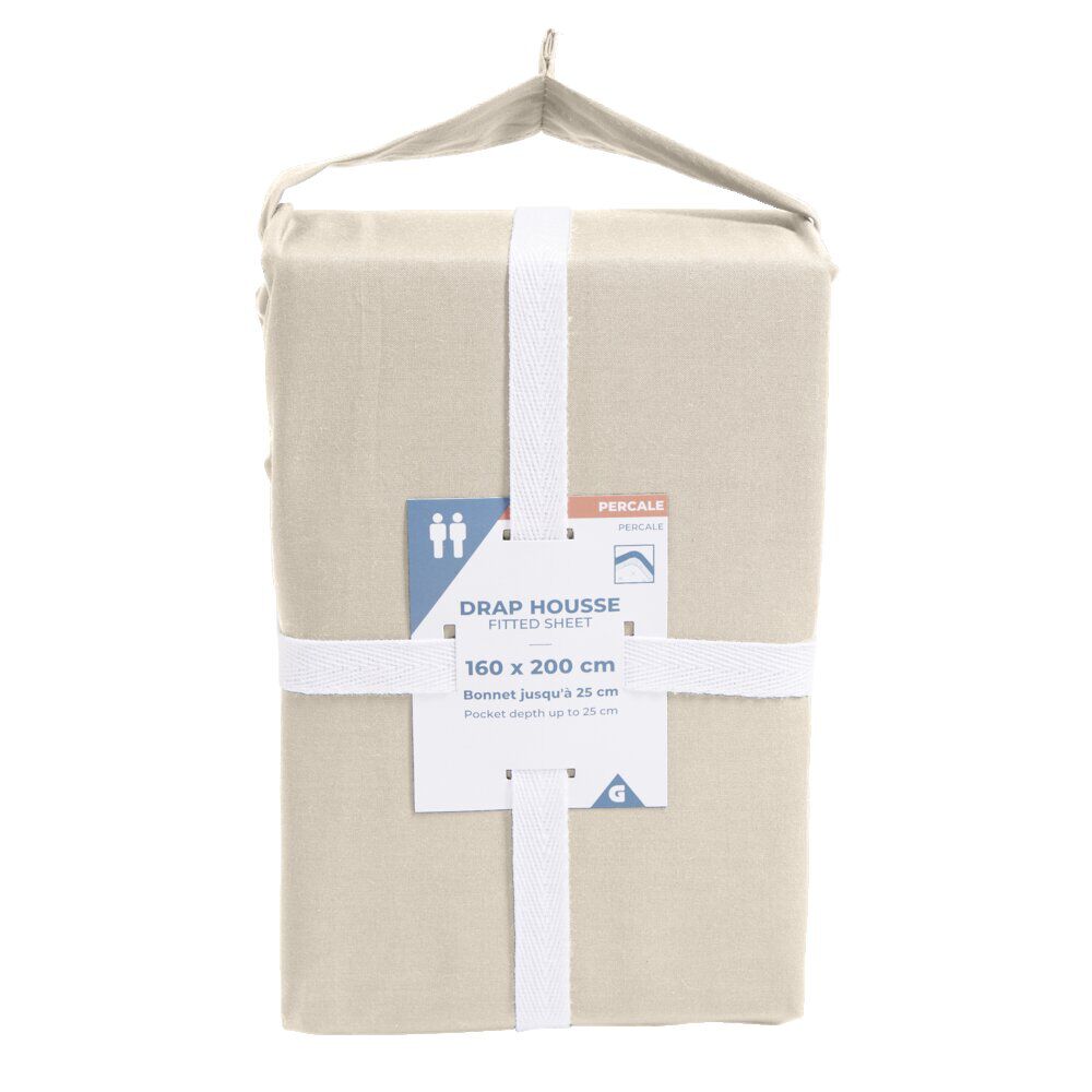 Drap housse 160x200cm 100% coton percale beige