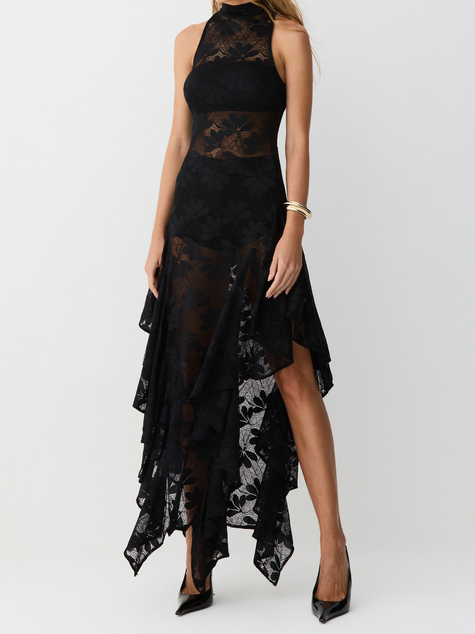 Elegant  Floral Lace High Neck Halter Sleeveless Asymmetric Midi Dress