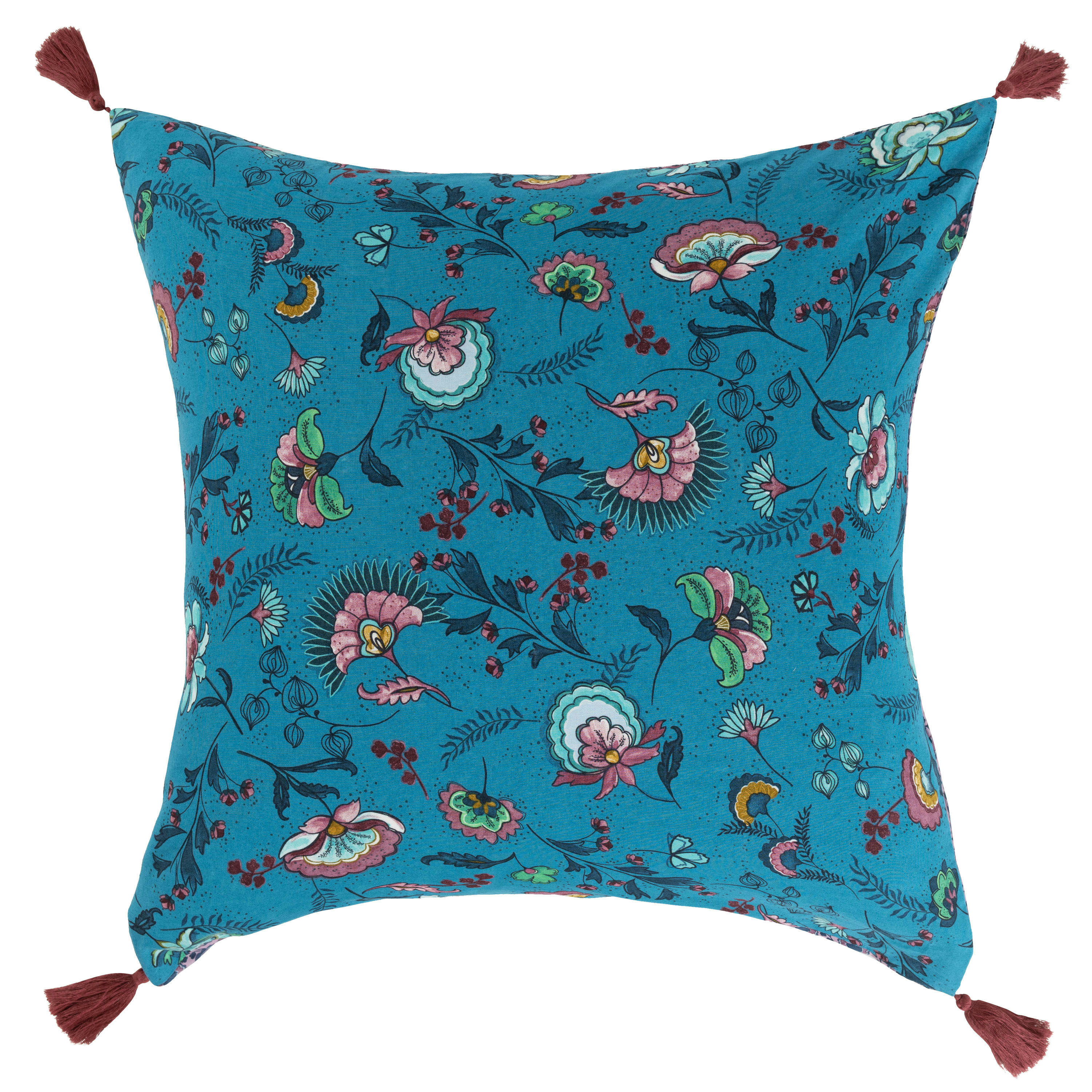 BOMBAY - Taie d'oreiller carrée réversible coton et lin  bleu 64x64