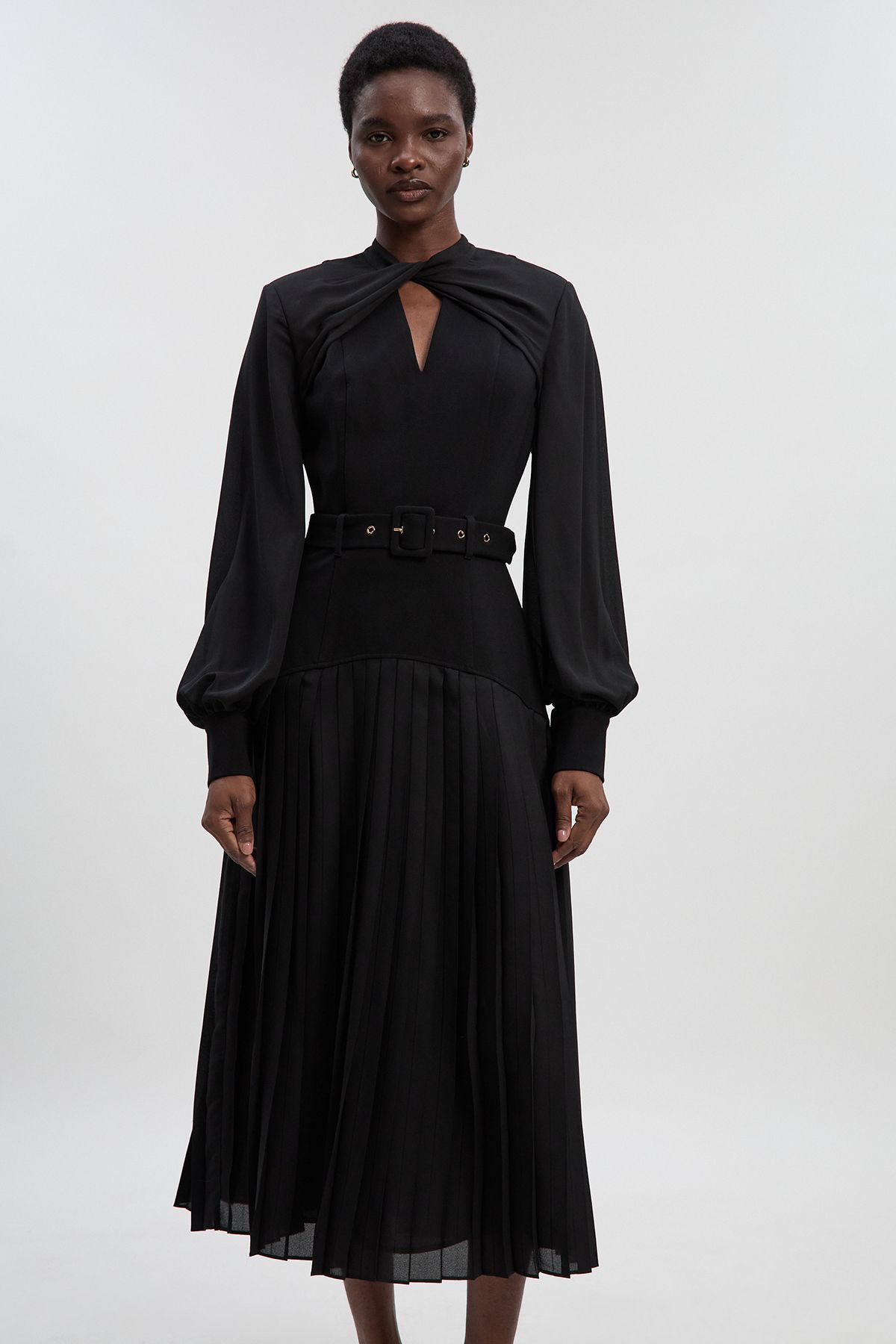 KarenMillen Ponte And Georgette Mix Balloon Sleeve Cut Out Detail Pleated Maxi Dress