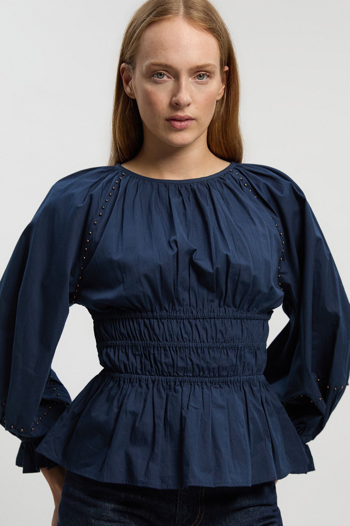 KarenMillen Shirred Cotton Balloon Sleeve Blouse