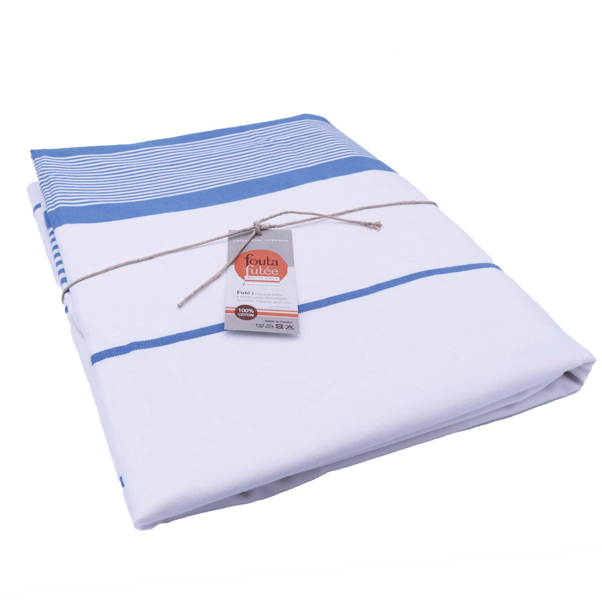 CARTHAGE - Housse de couette coton 220x240 + 2 taies 50x70 bleu doux et blanche