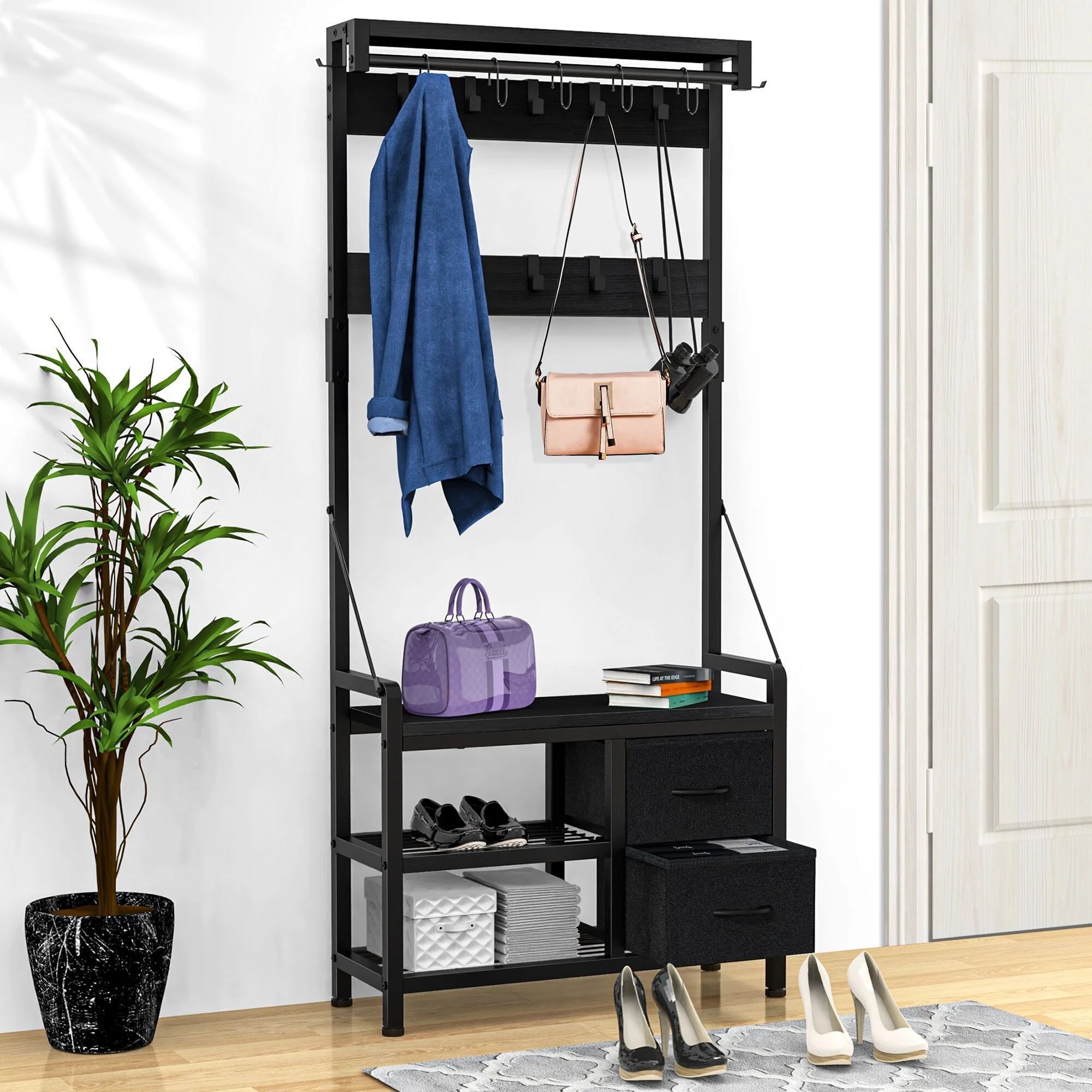 Hall Tree with Bench, Can Divided into freestanding Shoe Bench and Wall Rack