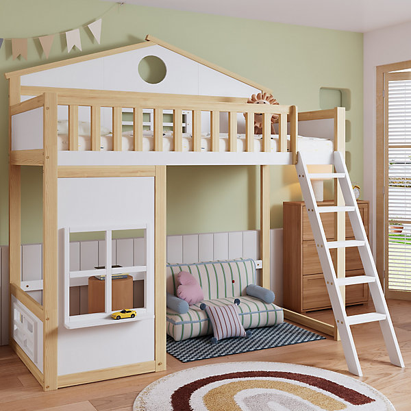 Lit superposé maison avec échelle barrières toit fenêtre lit inférieur libre cadre pin MDF blanc naturel 90x200 cm
