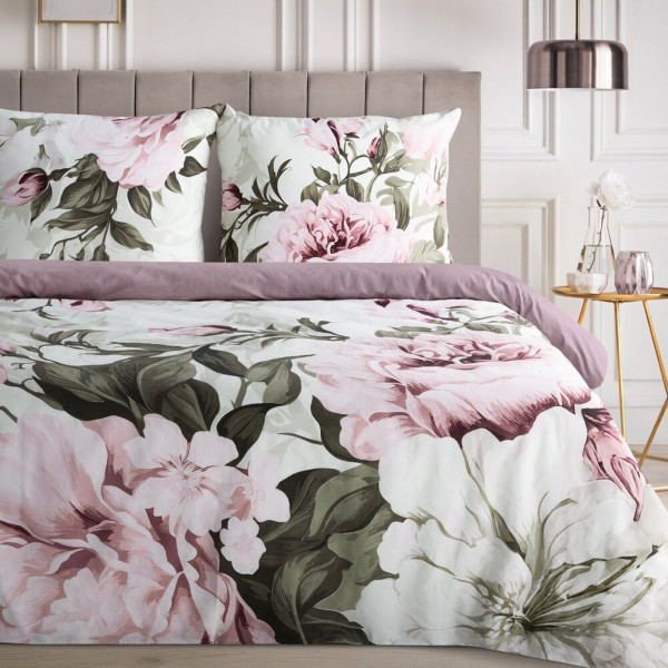 Pościel bawełniana PEONY piwonie kremowo różowa 140x200 cm 2 elementy