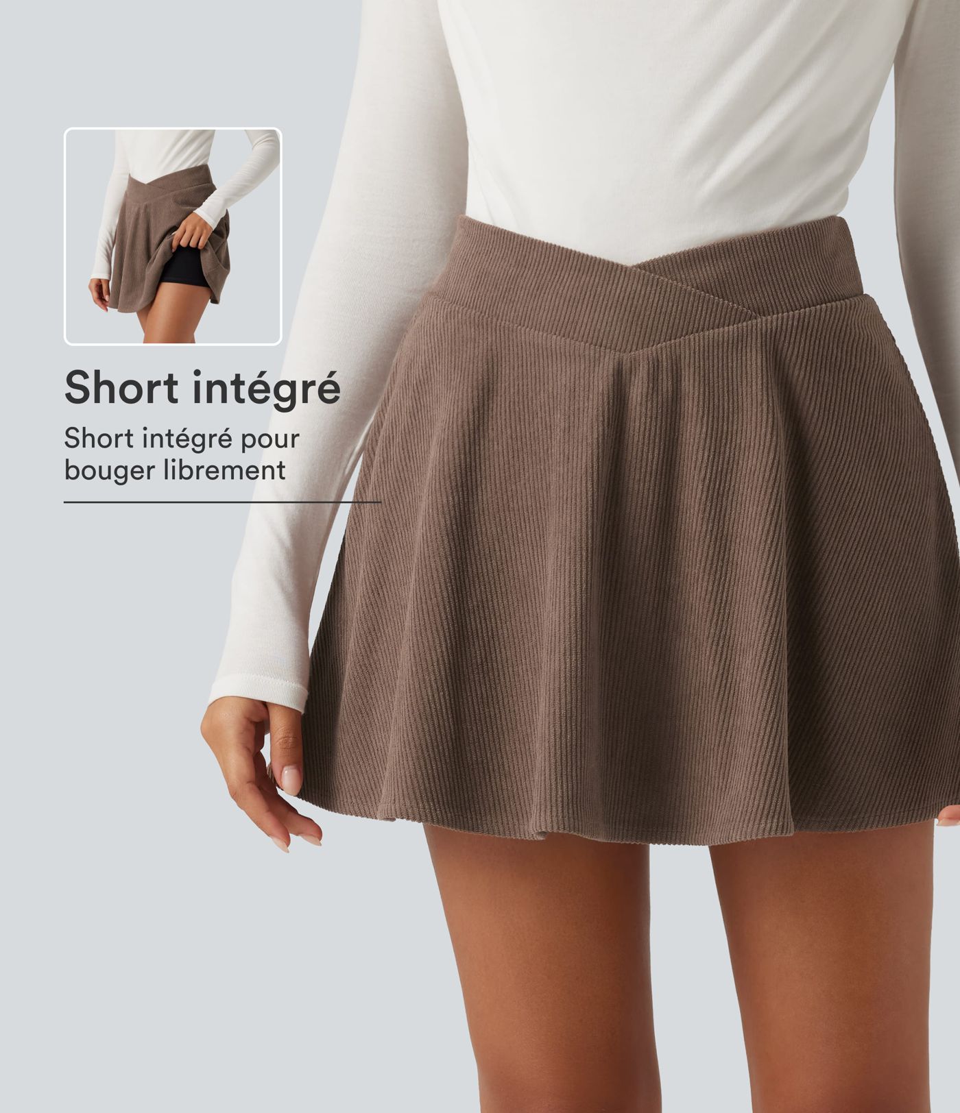 Jupe-short mini en velours côtelé taille haute croisée avec poches