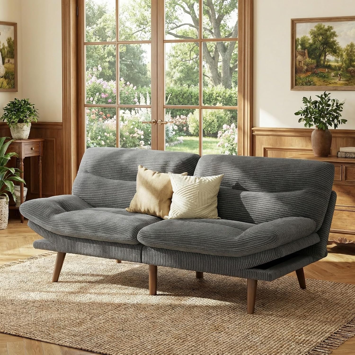 Marsail 66 Futon Sofa Bed, Convertible Corduroy Futon Couch with Adjustable Backrest & Armrests, Small Sleeper Sofa Loveseat for Living Room, Apartment, Office, Grey