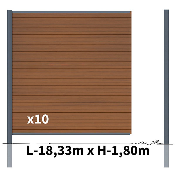 Kit Clôture Bois Composite Teck 18x1,8m SANTOS - Poteaux en Aluminium Gris - Brise Vue - Palissade