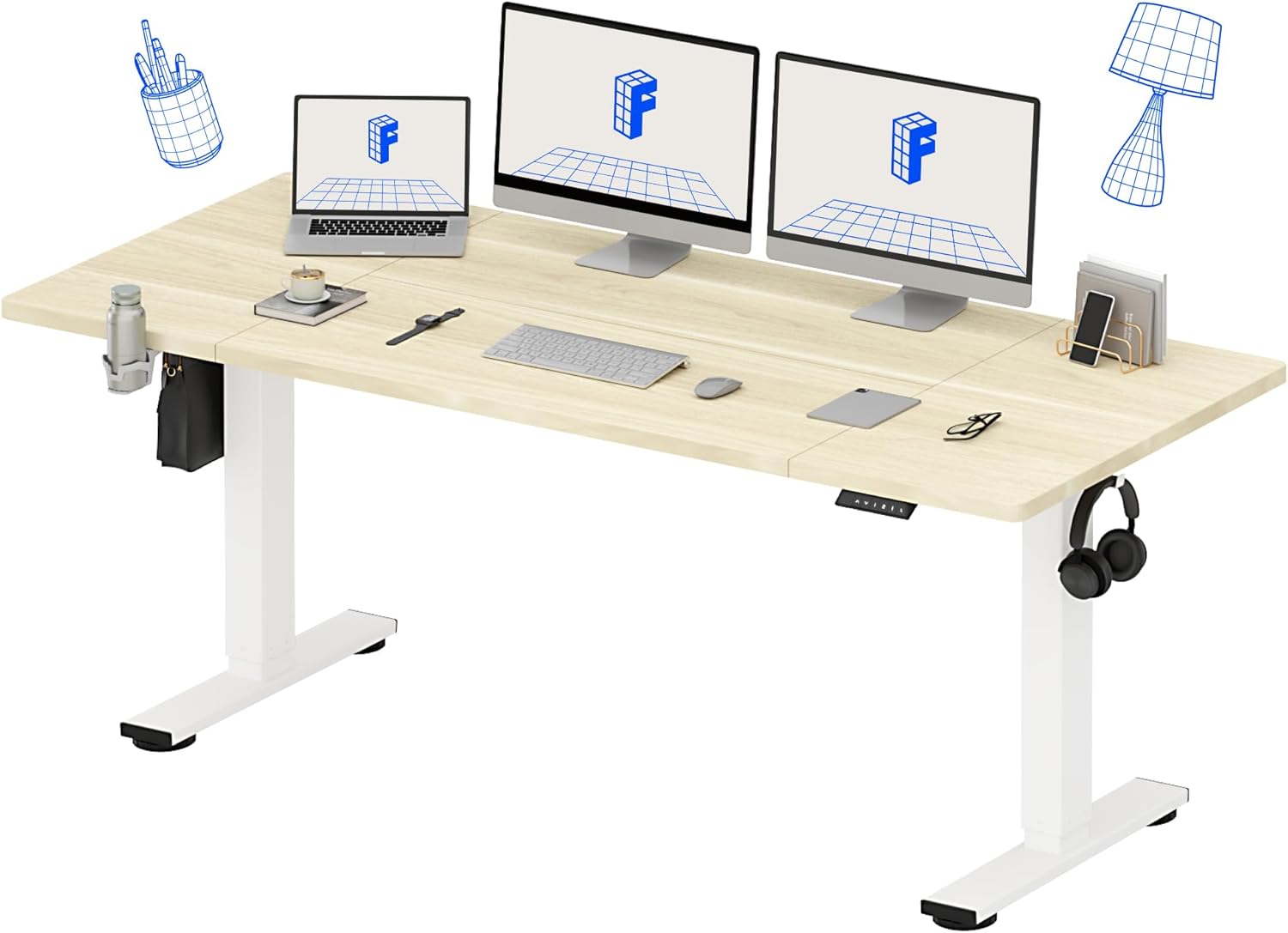 FLEXISPOT 71x32 Inch Electric Large Standing Desk for Home & Office, Spacious Splice Board Desk with Cable Management & Organizer, Cup Holder & Hook, White Wood Grain