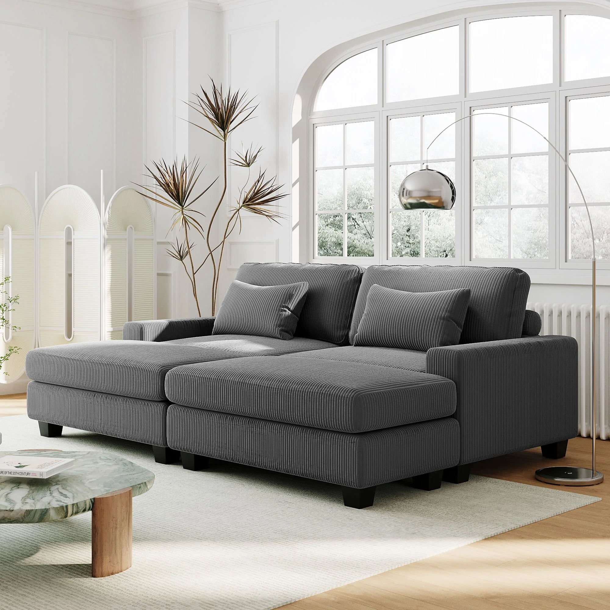 Grey 90'' Corduroy Sleeper Sofa with Removable Cushions