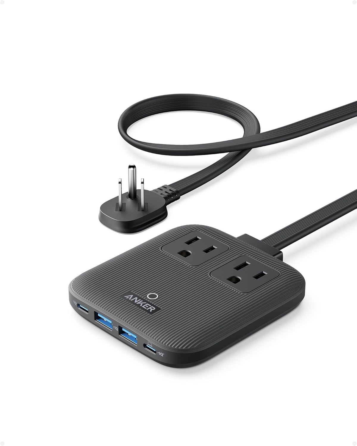 Anker Travel Power Strip, Anker Nano 67W Max 6-in-1 USB C Charger, 2 AC, 2 USB A and 2 USB C, 5ft Thin Undetachable Flat Plug Extension Cord with Multiple Outlets, Travel Essentials, Cruise Essentials