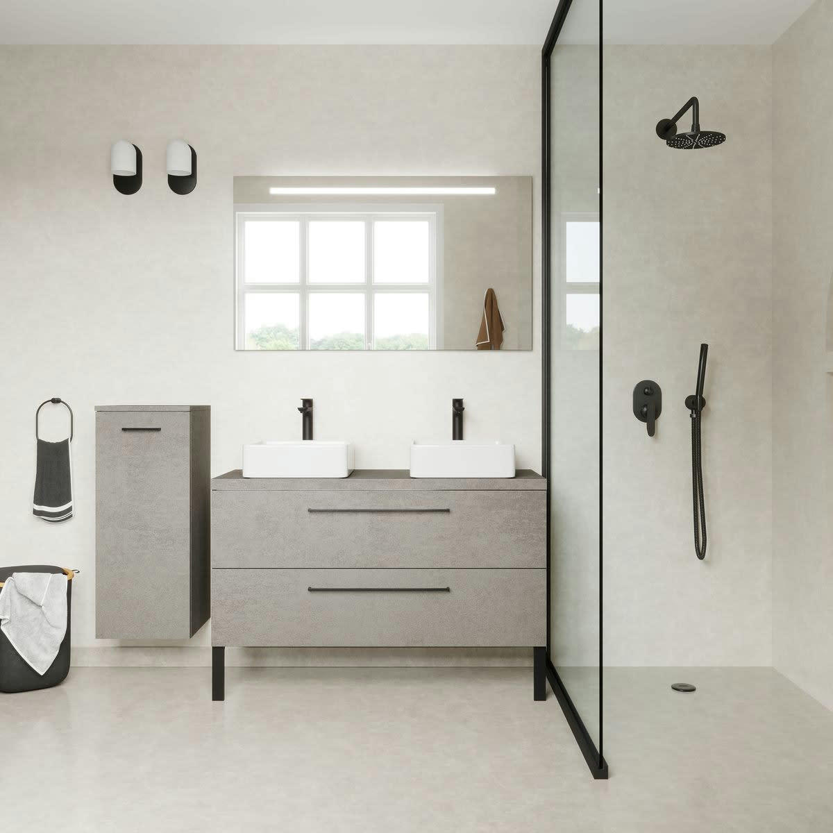 GLASGOW - Meuble salle de bain 2 vasques posées 120cm 2 tiroirs Béton